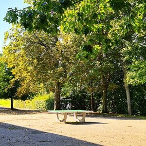 Hier sieht man den Schulhof mit Tischtennisplatten und Fußballtorwand.